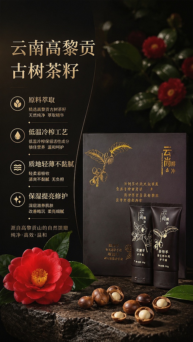 [第3屏] 原料工艺板块-山茶籽原料与低温冷榨工艺展示，本屏使用【图1】作为产品主体，搭配山茶籽实物元素。
[氛围/风格] 黑金高级质感，简约国风，专业护肤品类质感。
[元素布局] 产品礼盒放置在画面中偏右位置，占比约65%，左侧搭配红色山茶花与茶籽原料特写，左右分区排版，左侧文字，右侧产品，突出原料信息。
[光影质感] 均匀布光，突出产品包装烫金纹理与原料自然质感，光影过渡柔和。
[配色色系] 深色山野背景，黑色产品，金色文字，红色山茶点缀，保持统一黑金国风调性。
[视角构图] 正面平视，左右分栏构图，信息层级清晰。
[文字版式] 左侧采用分点排版，主标题「云南高黎贡古树茶籽」，依次标注：原料萃取，低温冷榨工艺，质地轻薄不黏腻，保湿提亮修护，全部金色文字，留白充足，排版简约高级。
[比例分辨率] 9:16竖版比例，宽度750px，4K分辨率，文字清晰可辨，高清画质。
[负向提示词] 产品变形，包装文字错乱，水印，文字模糊，排版拥挤。