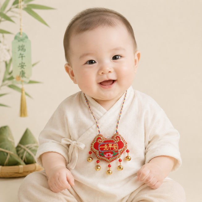 百天婴儿，浅色系衣服，胸前佩戴小巧的红色刺绣长命锁，款式和参考图一致，端午节氛围感，简单干净的纯色背景，1:1正方形构图预览效果