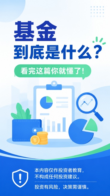 生成一张9:16竖版金融投教知识卡片封面海报，纯净无水印、无手机状态栏、无边框。主题：基金概念科普 视觉流派：扁平科普 大标题："基金到底是什么？" 副标题："看完这篇你就懂了！" 画面结构：顶部大标预览效果