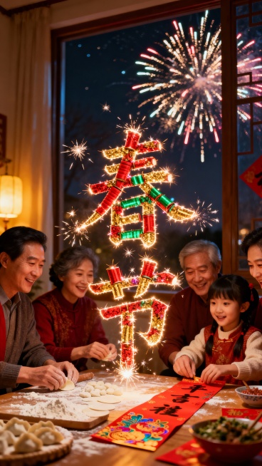 画面视觉中心烟花爆竹组成“春节”竖版大字，背景是一家人包饺子贴春联，展示家庭温暖团聚氛围预览效果