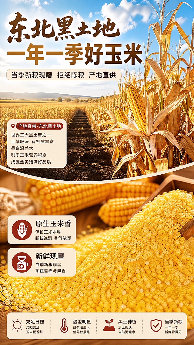 [商品] 使用【图1】东北玉米糁颗粒作为原料展示元素；保留金黄颗粒形态与色泽，作为原料特写的一部分。
[画面] 目标：产地原料专页，大尺度呈现东北黑土地产地优势与当季新粮品质。构图：上下分屏，上半部分50%为东北黑土地玉米田实景（成熟金黄玉米、黑土地垄沟、蓝天白云），占主画面核心视觉；下半部分50%为金黄玉米棒+玉米糁颗粒微距平铺。原料/产地元素合计占画面≥70%，玉米糁产品作为辅助。前中后景：前景玉米糁颗粒特写，中景玉米棒，远景黑土地农田，形成3层视觉深度。
[视觉] 套系策略：风格=温馨家常烟火气商业美食摄影；标题字=手写书法体+粗黑体组合；正文字=简洁圆体；主色=玉米金黄+暖棕木色；背景延展=暖棕木质感、米黄渐变、厨房暖调虚化；强调色=深枣红（仅用于小标签、图标、引线）；标题色=深棕+金黄渐变；正文色=深暖灰；组件=圆角浅米信息卡、细线引线、枣红胶囊标签；光影=自然日光+暖调补光，颗粒透亮有层次。
[文字] 顶部主标题「东北黑土地 一年一季好玉米」，副标题「当季新粮现磨 拒绝陈粮 产地直供」。上半部分农田旁配产地说明文字，下半部分配「原生玉米香」「新鲜现磨」2个卖点标签。文字全部横排，字号保证手机端可读。
[规格] 图片比例9:16竖版，4K分辨率，负向提示：避免产地元素过小、原料仅小图标点缀、冷色调、文字竖排、错字、虚假承诺、绝对化用语。