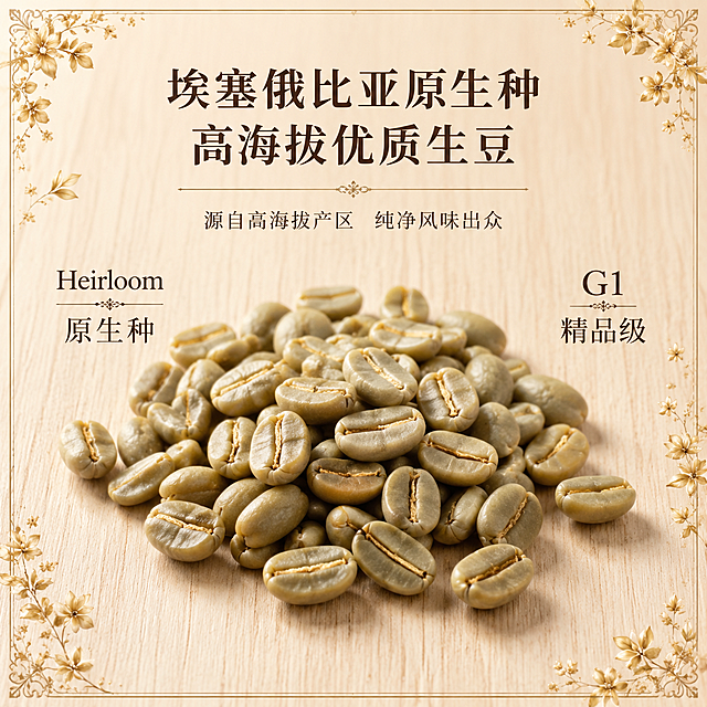 1:1比例，高级质感电商详情图，主体为咖啡豆特写，颗粒饱满均匀，背景为浅木纹肌理，左侧标注 "Heirloom 原生种"，右侧标注 "G1 精品级"，搭配淡金色桂花花纹装饰边框，文字采用深棕色衬线字体，突出 "埃塞俄比亚原生种 高海拔优质生豆" 的品质卖点，整体画面干净通透，质感高级，负面提示词：咖啡豆变形模糊、画面杂乱、文字错误、色调暗沉、塑料感、水印、低画质、无关元素、比例失调、信息堆砌