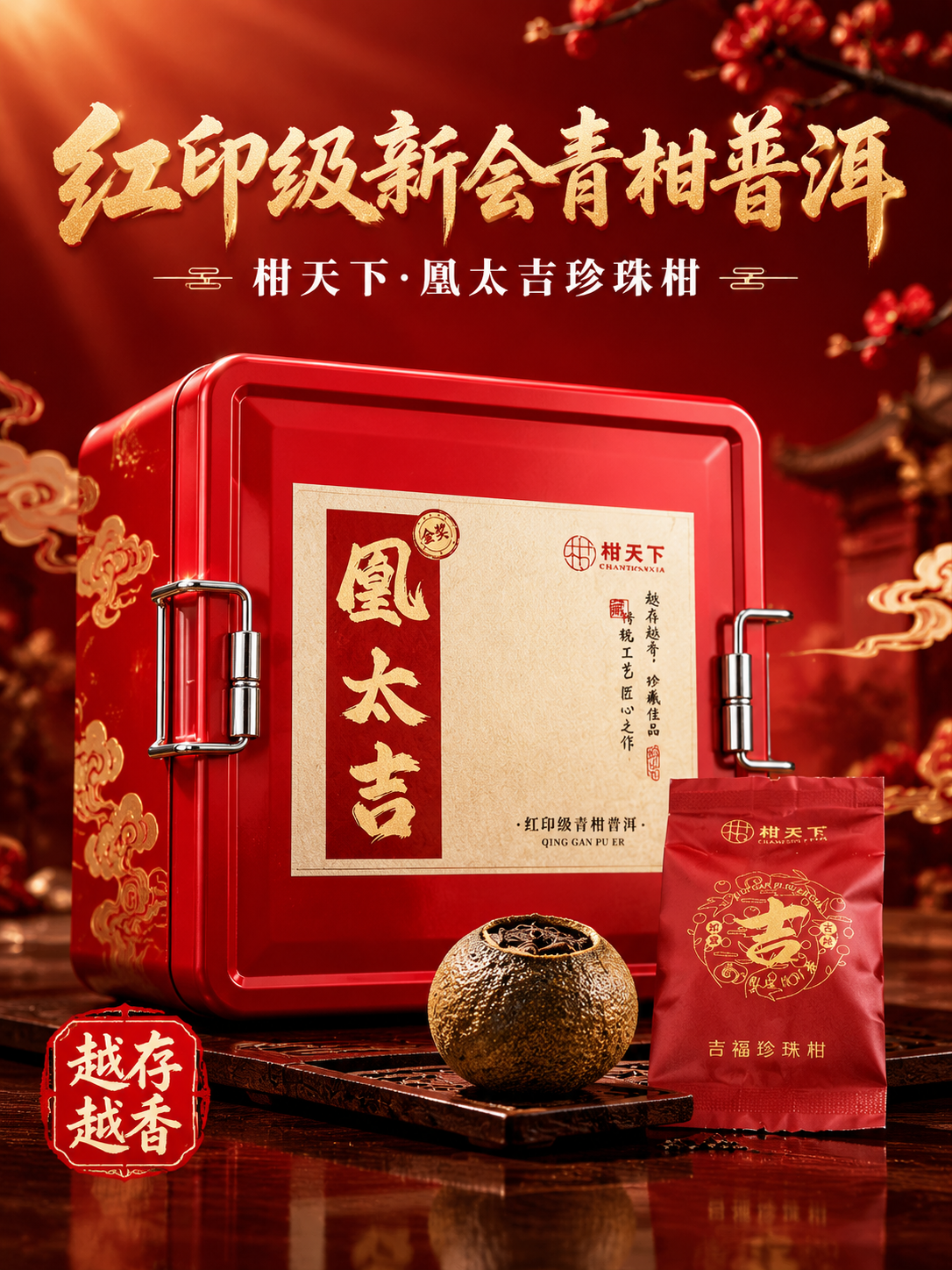 [主图-1] 抖音首图，红印级青柑普洱礼盒主视觉，强视觉冲击，… - 图片创意预览