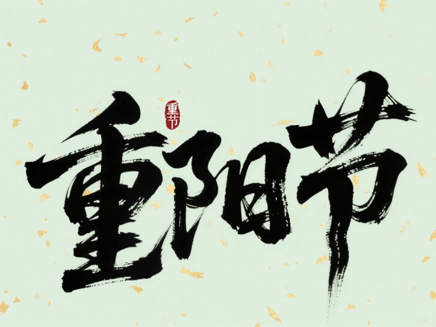 文案“重阳节”，黑色字体，浅绿色背景，洒金。配色古典预览效果