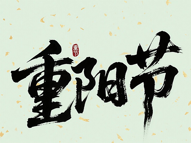 文案“重阳节”，黑色字体，浅绿色背景，洒金。配色古典