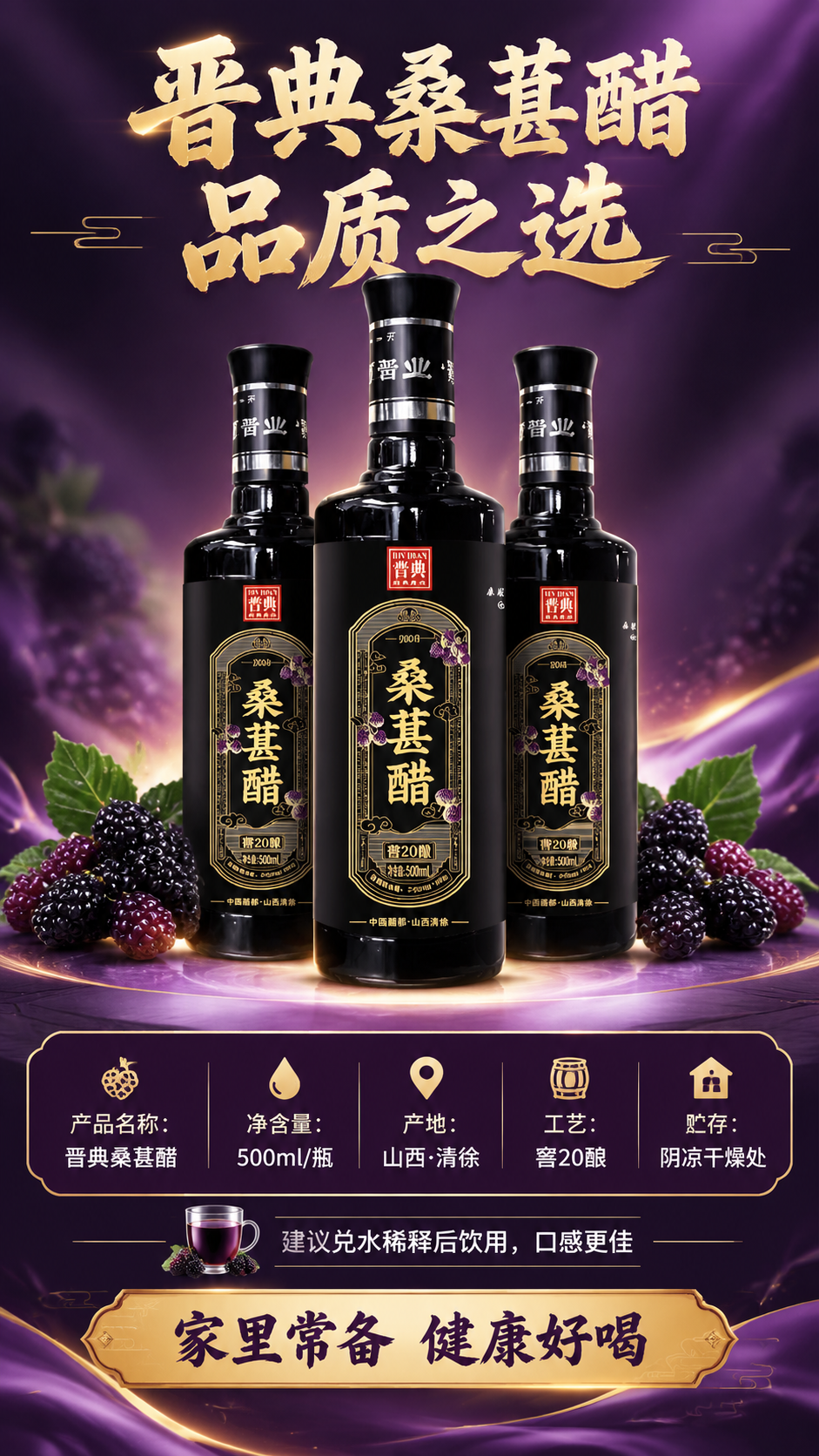 [商品] 使用【图1】晋典桑葚醋产品图；保留黑色玻璃瓶身、黑色… - 图片创意预览