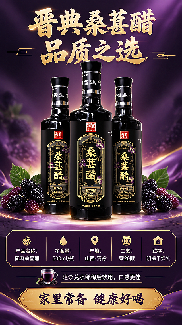 [商品] 使用【图1】晋典桑葚醋产品图；保留黑色玻璃瓶身、黑色瓶盖、银色瓶颈环、正面黑底金纹标签、"晋典"红色Logo、"桑葚醋"金色大字、"窖20酿"、"净含量:500ml"、"中国醋都·山西清徐"等所有包装文字与图案；商品处理：保留瓶身结构比例与标签完整，增强玻璃质感，不改变颜色和文字。
[画面] 页面目标：规格信息+收尾转化，引导下单。构图：上下分区竖版，上方40%为三瓶桑葚醋囤货陈列（品字形摆放，产品占画面约40%），下方60%为规格参数与购买引导信息；背景为深紫渐变+金色光效点缀，营造高端品质感；前景底部有淡紫色光晕承托；三瓶产品居中，标签全部清晰可见。
[视觉] 套系策略：风格=中式养生高级食品商业摄影；标题字=粗黑体带轻微书法笔触感；正文字=简洁无衬线中黑体；主色=深紫+黑色；背景延展=基于深紫色做深浅渐变、同色系晕染和细腻水光质感；强调色=金色，仅用于小面积图标、引线、标签边框和重点文字高亮；标题色=深紫色+金色渐变；正文色=深炭灰；组件=圆角深紫底信息卡、细金线引线、桑葚形图标；光影=左前侧暖柔光+右侧紫色轮廓光，瓶身有清晰高光反射。
[文字] 顶部主标题："晋典桑葚醋 品质之选"（8字，大字号）；下方规格信息卡横向排列，内容包括："产品名称：晋典桑葚醋"、"净含量：500ml/瓶"、"产地：山西·清徐"、"工艺：窖20酿"、"贮存：阴凉干燥处"；再下方饮用建议："建议兑水稀释后饮用，口感更佳"；底部金色横幅收尾语："家里常备 健康好喝"；所有文字横向排版，字号保证手机端清晰可读。
[规格] 图片比例9:16竖版，4K分辨率，淘宝/天猫详情页适配；负向提示：避免参数虚构、瓶身变形、标签文字错乱、绝对化极限词、医疗功效承诺、文字过小、冷蓝灰主色调、二维码水印。