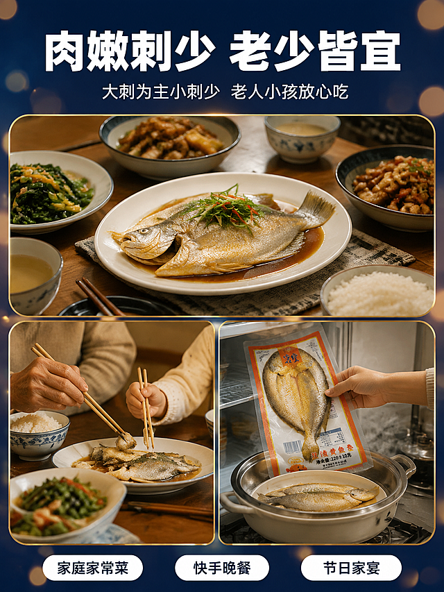 [主图-7] 食用场景与人群图，家庭日常老少皆宜。
[统一基调] 深海蓝金高端海鲜风格，主色调暖蓝与金色点缀，整体温馨有生活感；标题字白色粗黑体，辅助字浅白色，强调色暖金色；场景图圆角矩形带细金边。
[画面] 画面采用上下分屏或左右分屏的温馨家庭场景：上半部分是温馨的家庭餐桌场景，一盘清蒸黄鱼摆在餐桌中央，周围有碗筷和家常菜，营造家庭日常用餐的氛围；下半部分左侧是老人和小孩一起用餐的温馨画面局部（只拍手和餐桌部分，规避面部风险），右侧是快手晚餐的厨房场景——黄鱼鲞从冰箱拿出直接上锅蒸的便捷画面。背景为暖蓝色渐变，有柔和的暖光光斑。
[光影质感] 生活方式摄影质感，暖调柔和光线，餐桌温馨有烟火气，整体自然真实有代入感。
[配色] 背景暖蓝渐变配暖金光斑，场景保持真实生活色调，文字白色。
[文字版式] 上方大标题"肉嫩刺少 老少皆宜"，白色粗黑体；下方副标题"大刺为主小刺少 老人小孩放心吃"，浅白色小字；画面底部三个小标签分别为"家庭家常菜""快手晚餐""节日家宴"，白色底黑色字圆角标签。
[输出要求] 3:4竖版比例，2K高清，场景温馨自然，文字清晰可读；禁止人物面部、手部畸形、场景违和、文字错漏、画面模糊。
