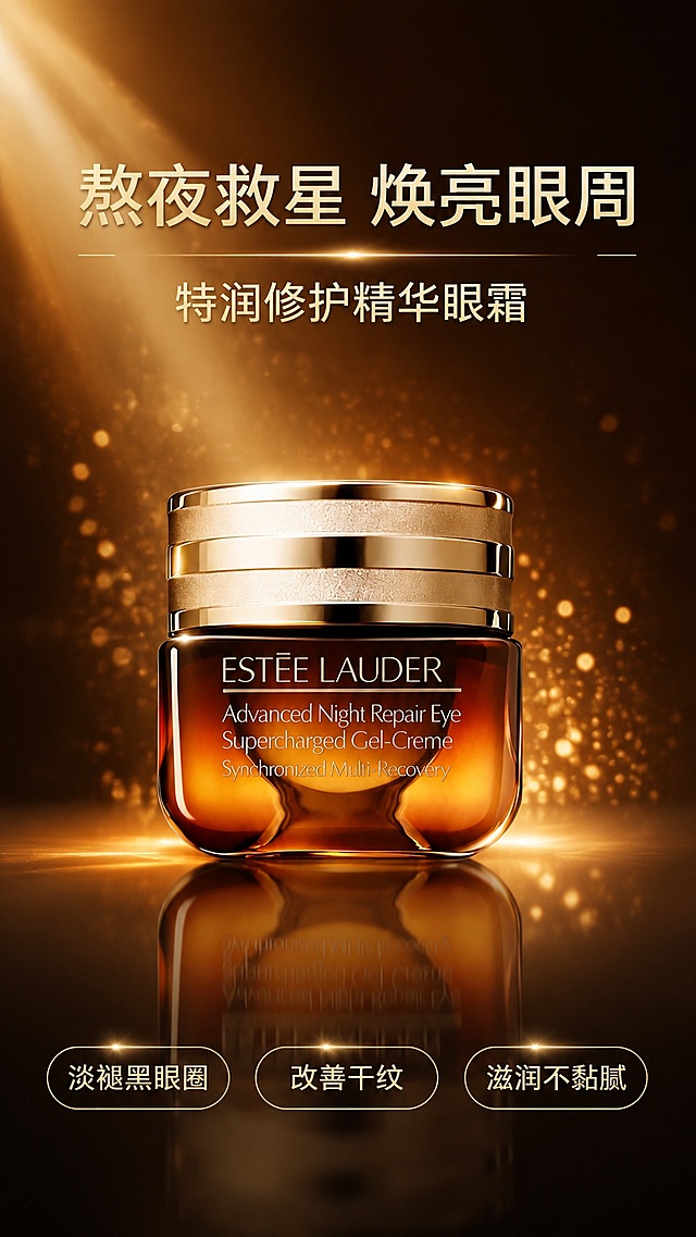 [第1屏] 详情页头图-雅诗兰黛特润修护精华眼霜产品宣传海报。本屏使用【图1】作为商品主体。
[氛围/风格] 高级奢华美妆风，金棕暖调氛围，精致光影质感，商业摄影质感。
[元素布局] 眼霜产品放置于画面中下位置，占比约65%；背景使用暖金散焦光斑，点缀金色珠光质感元素，顶部留白做标题区；产品瓶身结构、材质、颜色与输入产品图保持完全一致。
[光影质感] 左上方主光束打亮产品瓶身，右侧柔补光，底部做自然镜面反光，明暗层次清晰，突出产品玻璃通透质感和金属光泽。
[配色色系] 全局底色 #1a0f07，主色深棕金棕渐变，辅助色浅金高光，整体暖调统一。
[视角构图] 正面平视视角，产品为绝对视觉中心，阅读动线从上至下，上方标题 → 中间产品 → 底部利益点。
[文字版式] 版式为顶部标题 + 中部产品 + 底部胶囊信息条。主标题「熬夜救星 焕亮眼周」，副标题「特润修护精华眼霜」，居中对齐，金色粗体字；底部三个胶囊信息条分别标注「淡褪黑眼圈」「改善干纹」「滋润不黏腻」，文字不遮挡产品主体，清晰可读。
[比例分辨率] 9:16 竖版比例，4K分辨率，文字清晰可辨，高清画质。
[负向提示词] 瓶身变形，缺件错件，颜色偏差，包装文字错乱，水印，文字过小，背景杂乱，极限词，虚假宣传