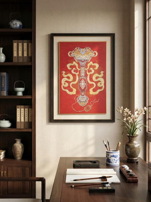 将图中这幅如意装饰画挂在新中式书房的墙面上，保持画框大小、画面色彩内容和清晰度100%不变，书房内有书柜、书桌、文房四宝，氛围沉静文雅，光线舒适，画面比例3:4预览效果