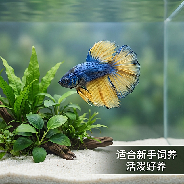 [主图 3] 泰国芥子半月斗鱼养殖体验展示
[氛围风格] 3D渲染自然场景，营造生动水族生活氛围
[画面元素] 商业摄影质感，光线柔和自然，产品清晰真实，画面干净自然。斗鱼放置在简约小型造景鱼缸中，保留原斗鱼外形和色彩，鱼缸内有水草小沉木装饰，背景虚化突出斗鱼主体，整体场景自然生动。
[配色色系] 自然水草绿+浅缸底白，衬托斗鱼黄蓝花色，清新自然
[视角构图] 平视鱼缸全景，主体斗鱼在视觉中心，场景构图自然不拥挤
[文字版式] 右下角负空间右对齐，文字 "适合新手饲养 活泼好养"，白色文字带深色半透明背景，对比清晰不遮挡斗鱼
[比例分辨率] 1:1 比例，2k 分辨率，文字清晰可辨，超高清
[负向提示词] 变形，水印，文字错乱，鱼形模糊，场景杂乱，水草遮挡主体