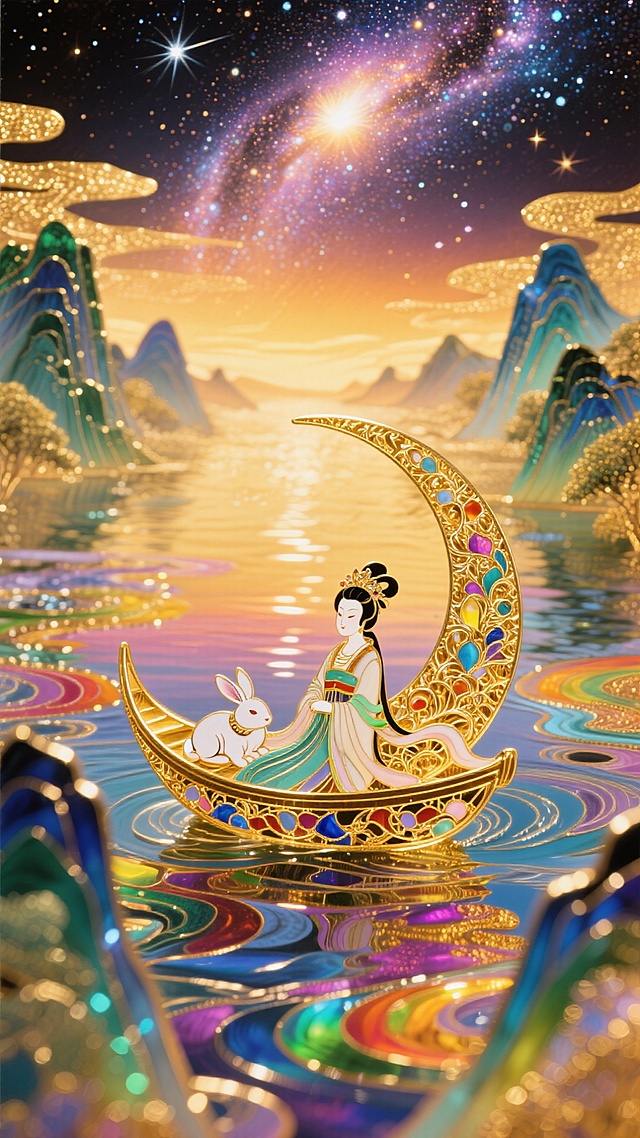 非遗珐琅工艺风格，画面上方是灿烂的宇宙星河，画面下方是五彩斑斓的江水，江水两岸是山峦，江水中间是一弯月亮船，月亮船上有仙气飘飘的嫦娥，嫦娥在整体画面的中心，玉兔在月亮船上安稳得睡着，整体是金灿灿的暖色调
