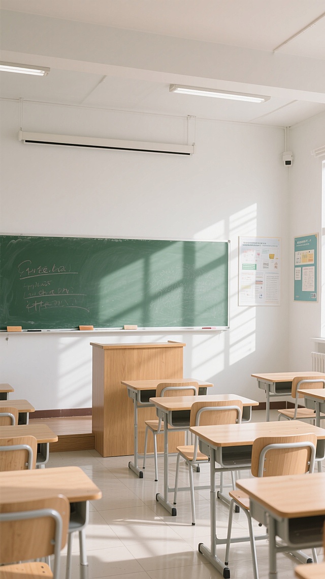 明亮的教室内部，自然光透过窗户洒下形成清晰的光影条纹，白色墙壁，绿色黑板上有淡淡的粉笔字迹，前方是木质讲台，变换布置的排列方式，浅色木质课桌和金属框架椅子，地面为浅色瓷砖，墙上贴有教学海报，整体呈现干净、整洁、温馨的学习氛围，写实风格，柔和的光线，清晰的细节，温暖的色调。