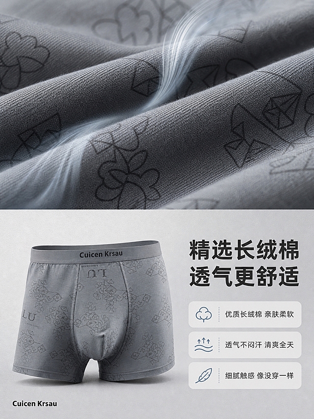 [商品] 使用【图3】深灰色Cuicen Krsau男士平角内裤；保留腰头黑色"Cuicen Krsau"品牌字样及位置、裤身几何花朵暗纹印花、深灰颜色、纯棉面料质感、平角版型；自然理顺面料褶皱，增强面料编织纹理和缝线质感，不改变版型和颜色。
[画面] 页面目标：纯棉材质与透气舒适卖点展示，突出面料品质。采用上下分区构图，上方约50%为面料微距特写区，下方约50%为产品整体+文字区。上半部分：深灰色内裤面料微距特写，清晰展示纯棉编织纹理，几缕轻盈的气流线条穿过面料，象征透气。下半部分：深灰色内裤正面45度立体展示于左侧，右侧为文字卖点。背景为浅灰渐变+细腻织物肌理。左下角放置品牌Logo。
[视觉] 套系策略：风格=高级简约商务风 高清商业摄影质感；标题字=现代无衬线粗体；正文字=简洁无衬线体；主色=深灰/雾霾蓝；背景延展=基于浅灰做深浅层级渐变、细腻纸张/织物肌理质感；强调色=雾霾蓝，仅用于小面积图标、引线和标签；标题色=深炭灰；正文色=中灰色；组件=细线引线、圆角浅底信息卡、简约图标；光影=左前侧柔和柔光，微距部分侧光突出纹理，阴影自然通透。
[文字] 下半部分右侧上方标题："精选长绒棉 透气更舒适" 深炭灰粗体大字；标题下方分3个卖点：1."优质长绒棉 亲肤柔软" 2."透气不闷汗 清爽全天" 3."细腻触感 像没穿一样"。每个卖点前配雾霾蓝色小图标。左下角品牌Logo：Cuicen Krsau 黑色小号。所有文字横排。
[规格] 图片比例3:4竖版，4K高清，避免变形、错字、文字过小、颜色失真、版型改变、低俗擦边、水印、平台Logo。