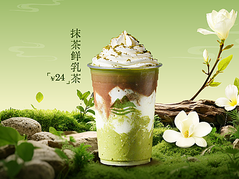 美食餐饮奶茶饮品绿色系抹茶系列上新美团产品图