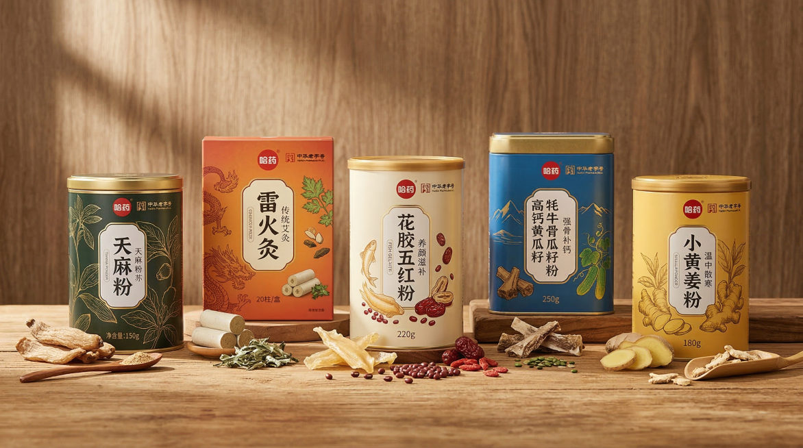 新中式养生产品商业摄影，暖棕色调，木质桌面与墙面背景，侧光营造柔和阴影。画面中依次陈列5款中华老字号哈药养生产品：天麻粉、雷火灸、花胶五红粉、牦牛骨高钙黄瓜籽粉、小黄姜粉，搭配天麻、黄姜、红豆等天然原预览效果
