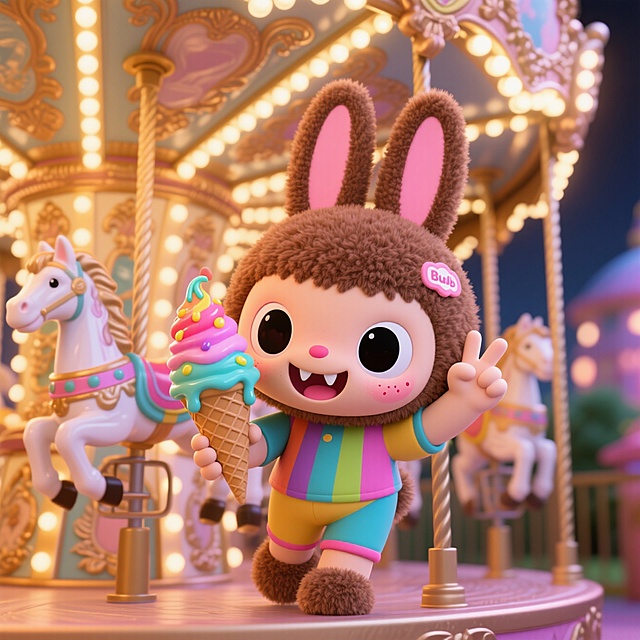 它一手拿冰淇淋在吃，一手比耶，在旋转木马上