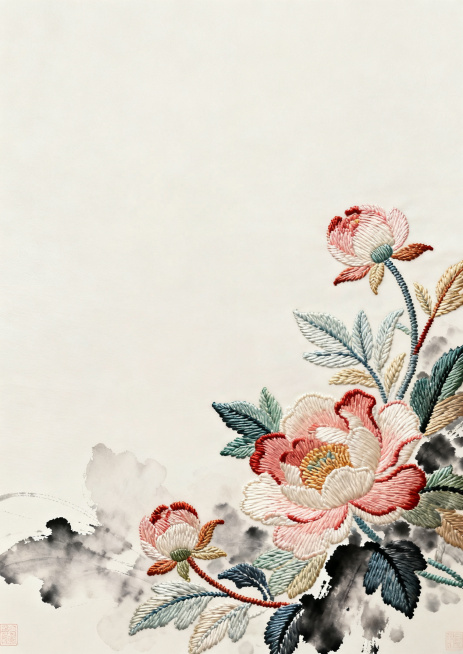 国风水墨感蜀绣主题纯背景图，带有明显的蜀绣刺绣肌理质感，传统国风意境，水墨晕染效果，画面干净留白，丰富饱满色彩层次，传统蜀绣纹样肌理，古典雅致风格，无任何文字和人物预览效果