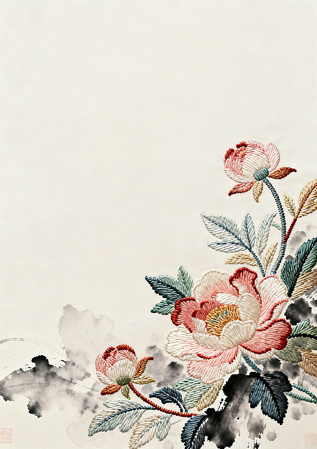 国风水墨感蜀绣主题纯背景图，带有明显的蜀绣刺绣肌理质感，传统国风意境，水墨晕染效果，画面干净留白，丰富饱满色彩层次，传统蜀绣纹样肌理，古典雅致风格，无任何文字和人物