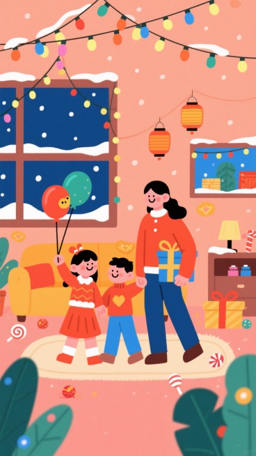 暖色调亲子元旦海报，画面中央是一家三口手牵手微笑的插画形象，孩子举着卡通气球，父母提着新年礼物，背景是挂满彩灯的客厅与飘雪的窗户，角落点缀糖果、小灯笼等元素，整体风格温馨治愈，突出家庭团聚的欢乐感预览效果