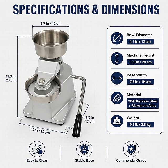 Cross-border e-commerce infographic main image for manual hamburger patty press. Theme: Specifications and Dimensions. [Style] Professional technical infographic, clean industrial style, Amazon listing style. [Elements] The manual patty maker machine shown in front three-quarter view on a light gray technical drawing style background with subtle grid lines. Dimension lines with arrows clearly indicate overall height, width, depth, and the diameter of the pressing bowl. Measurements shown in both inches and centimeters. On the right side, a clean parameter card lists key specifications. Keep product appearance (structure, material, color) exactly consistent with input product image, no deformation. Product occupies about 50% of frame on the left side. [Lighting] Even bright studio lighting from front, clear product definition, soft shadows. [Color palette] Main color: light gray technical background; Accent color: dark blue for dimension lines and parameter card borders; Text color: dark gray and white. [Text layout] Top center: large bold title "SPECIFICATIONS & DIMENSIONS" in dark blue. Right side parameter card with white background and dark blue border, containing: "Bowl Diameter", "Machine Height", "Base Width", "Material: 304 Stainless Steel + Aluminum Alloy", "Weight" (each with placeholder values). Dimension labels next to measurement lines show both inch and cm units. Bottom area: small icons for "Easy to Clean", "Stable Base", "Commercial Grade". All text in English, clear technical sans-serif font. [Composition] Product on left with dimension lines, parameter card on right, balanced technical layout. [Negative] No Chinese text, no watermarks, no platform logos, no deformed product, no blurry text.