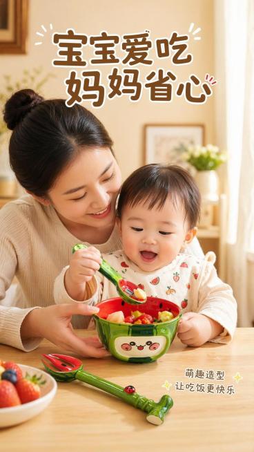 [第5屏] 真人使用展示，宝妈辅助宝宝使用西瓜萌宝餐具，本屏使用【图1】作为产品主体。
[氛围/风格] 温馨居家亲子氛围，暖调自然光，真实自然生活化，商业摄影质感。
[元素布局] 画面主体为肩线以上亚预览效果