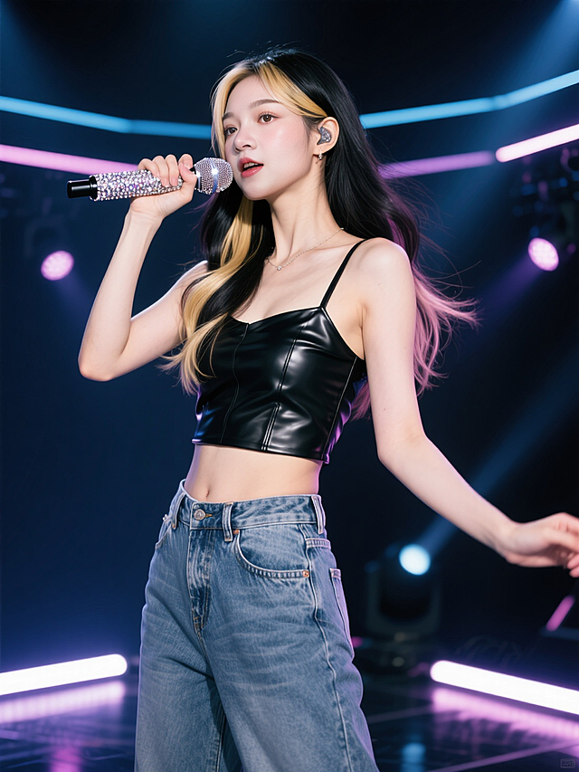 女生，黑金色挑染长发，穿黑色皮质吊带搭配牛仔长裤，手拿镶钻麦克风，动作活泼，站在韩范打歌舞台上，舞台光影交织。整体动感潮流。