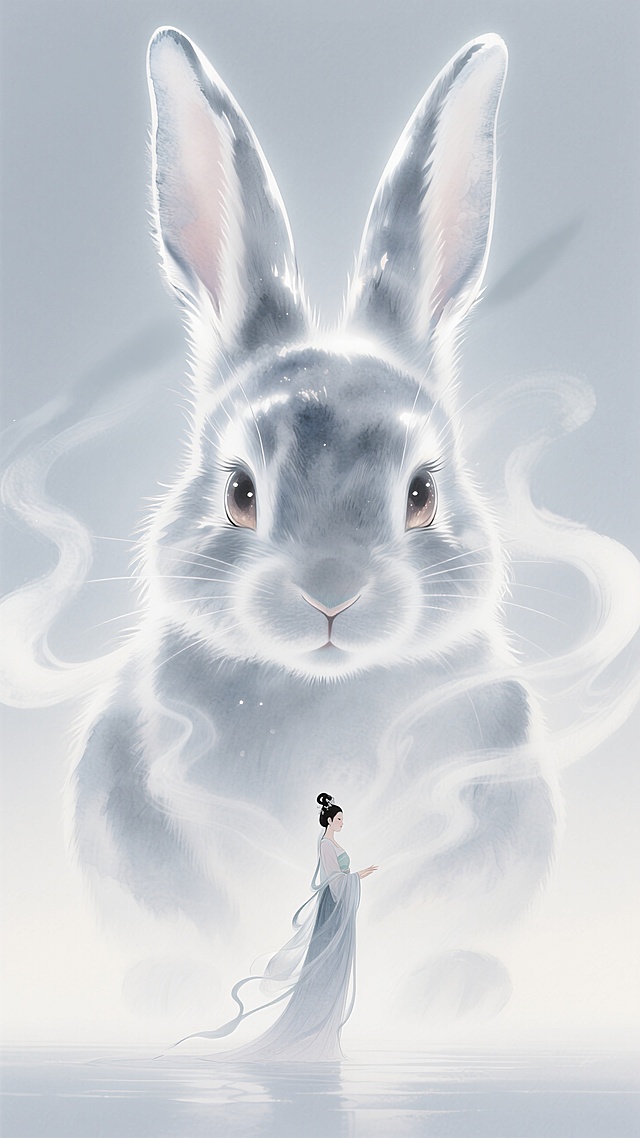一个巨大的兔子眼睛看着下方的嫦娥（全身），烟雾环绕露出朦胧的兔头，兔子眼睛有星光效果，表情柔和，浑身银色发光拉丝效果，光细腻如发丝，大面积留白，概念视觉，朦胧，梦幻，对称构图，极致的大小对比，清冷色调