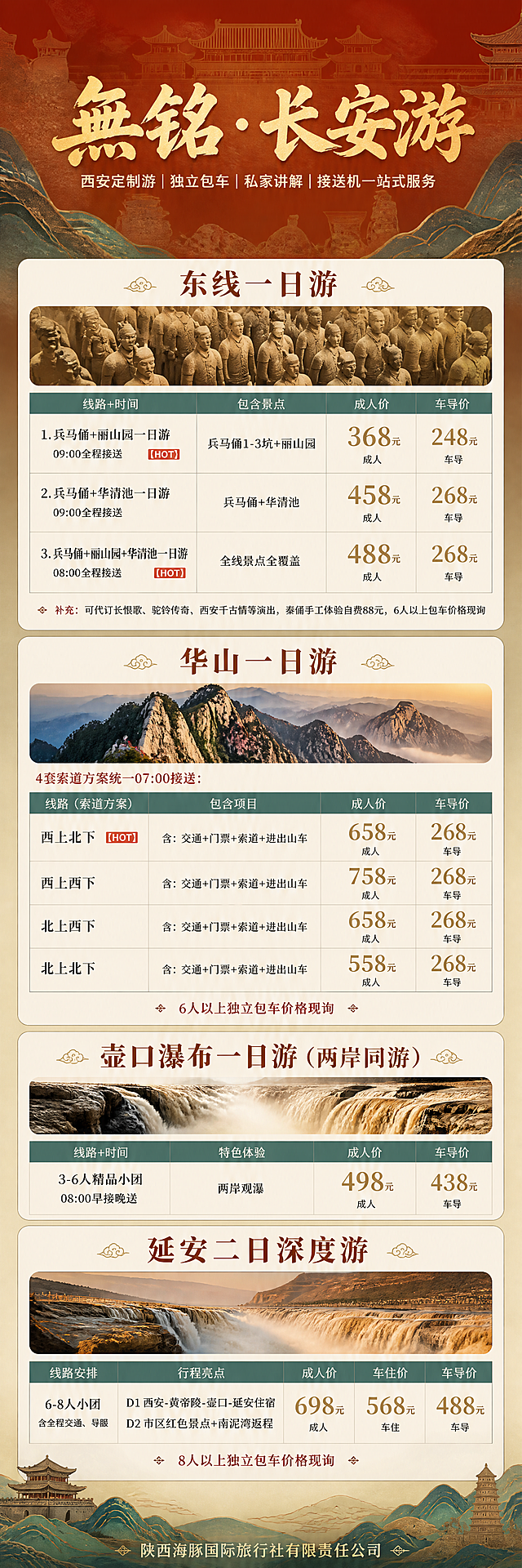 一张竖版超长旅游报价长海报，长安唐代文旅氛围。整体主色调为唐代青绿、米白、暖金、深赭石色。背景使用低透明度宫墙红渐变、唐代建筑屋檐剪影、青绿山水纹样、博物馆文物轮廓暗纹，画面简约高级，不使用天蓝、西瓜、棕榈叶等夏日卡通装饰。

顶部区域：
浅金色国风书法大标题："無铭·长安游"
现代无衬线小字副标题："西安定制游｜独立包车｜私家讲解｜接送机一站式服务"

页面最底部落款："陕西海豚国际旅行社有限责任公司"

画面全程不出现二维码、不出现二维码框、不预留二维码位置，完全没有任何二维码相关元素。

页面仅四大板块：东线一日游、华山一日游、壶口瀑布一日游、延安二日游。各板块标题使用暖金色或深赭石色，标题下方搭配低饱和度圆角景区实景图。板块内部采用规整表格布局，表头：线路+时间｜包含景点｜成人价｜车导价。单条线路使用浅米青色细底区分，热门线路使用小型朱红色【HOT】标识，出发接送信息清晰标注，价格数字金色放大醒目，备注重点用朱红色突出。

版式整齐克制，书法标题搭配现代无衬线正文。

完整内容：

【第一板块：东线一日游】
实景图：兵马俑高清实景图横幅，浅圆角，低饱和度暖调
线路：
1. 兵马俑+丽山园一日游｜09:00全程接送｜兵马俑1-3坑+丽山园｜368元成人｜248元车导 【HOT】
2. 兵马俑+华清池一日游｜09:00全程接送｜兵马俑+华清池｜458元成人｜268元车导
3. 兵马俑+丽山园+华清池一日游｜08:00全程接送｜全线景点全覆盖｜488元成人｜268元车导 【HOT】
补充：可代订长恨歌、驼铃传奇、西安千古情等演出，秦俑手工体验自费68元，6人以上包车价格现询

【第二板块：华山一日游】
实景图：华山全景实拍图横幅，浅圆角，低饱和度暖调
4套索道方案统一07:00接送：
西上北下｜成人658｜车导268 含：交通+门票+索道+进出山车 【HOT】
西上西下｜成人758｜车导268 含：交通+门票+索道+进出山车
北上西下｜成人658｜车导268 含：交通+门票+索道+进出山车
北上北下｜成人558｜车导268 含：交通+门票+索道+进出山车
6人以上独立包车价格现询

【第三板块：壶口瀑布一日游（两岸同游）】
实景图：壶口瀑布水流实拍横幅，浅圆角，低饱和度暖调
3-6人精品小团，08:00早接晚送｜两岸观瀑｜成人498｜车导438

【第四板块：延安二日深度游】
实景图：壶口瀑布全景实拍横幅，浅圆角，低饱和度暖调
6-8人小团，含全程交通、导服
D1西安-黄帝陵-壶口-延安住宿
D2市区红色景点+南泥湾返程
成人698｜车住568｜车导488
8人以上独立包车价格现询

约束条件：
1. 整体长安唐代青绿金氛围，无卡通、无花哨纹样，视觉克制简约；
2. 文字层级清晰，表格整齐；
3. 高清商用长图，手机竖屏阅读友好；
4. 全程不出现二维码、不出现二维码框、不预留二维码位置；
5. 唐代青绿+暖金+深赭石配色，宫墙剪影、山水纹样暗纹背景。
4K高清商用品质。