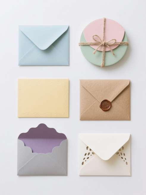 白色背景上，六个完全不同造型的牛皮纸信封系列素材集合规整排布，保持原始简约摄影风格，高清晰度，真实纸张纹理，柔和均匀光线，无阴影。每个信封造型独特：1. 菱形封口信封，边缘微卷；2. 圆形翻盖信封，带麻绳捆扎；3. 方形立体信封，有压纹图案；4. 梯形斜边信封，配蜡封章；5. 波浪边信封，顶部设计蝴蝶结；6. 不规则几何信封，局部镂空处理。整体色彩变换为六个不同色调：淡蓝、浅绿、鹅黄、粉紫、灰……预览效果