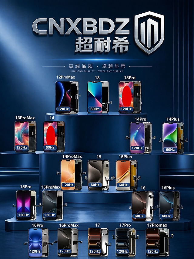 将两张图片合并为一张高级商务风格海报。画面顶部放置超耐希CNXBDZ银色金属质感logo（盾牌图标+CNXBDZ英文+超耐希中文），logo保持金属立体效果。画面中下部展示多款苹果手机屏幕总成产品（12ProMax、13、13Pro、13ProMax、14、14Pro、14Plus、14ProMax、15、15Plus、15Pro、15ProMax、16、16Plus、16Pro、16ProMax、17、17Pro、17Promax等型号），每个屏幕标注型号名称和刷新率（120Hz/60Hz），产品排列整齐有层次感。背景为深蓝色渐变高级科技感背景，带有微妙的光影效果和质感，整体画面高清精致，专业商务风格，4K超清画质