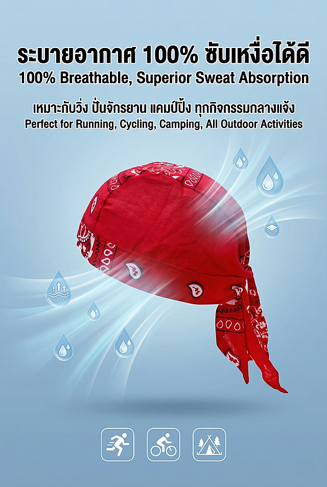 2:3 竖屏，TikTok Shop 泰国站详情页第四屏，严格还原上传的产品图（红色腰果花印花海盗头巾帽，头部包裹区约 28cm×20cm，尾部系带长度约 35cm，尺寸比例保持 1:1，包括包装设计、颜色、LOGO 位置、文字内容、图案元素等所有细节），画面主体为头巾帽的透气可视化展示，产品悬浮在画面中央，周围环绕透明气流线条和水滴图标，直观展示透气吸汗功能，背景为浅蓝色渐变背景（代表清凉），主标题为泰文 + 英文双语：泰文 "ระบายอากาศ 100% ซับเหงื่อได้ดี"，英文 "100% Breathable, Superior Sweat Absorption"，副标题为泰文 "เหมาะกับวิ่ง ปั่นจักรยาน แคมป์ปิ้ง ทุกกิจกรรมกลางแจ้ง"，英文 "Perfect for Running, Cycling, Camping, All Outdoor Activities"，文字采用粗体无衬线字体，泰文在上英文在下，顶部居中排版，文字颜色为白色，带 1px 黑色描边，画面下方搭配运动场景小图标（跑步、骑行、露营），整体设计风格为科技感 + 街头潮流风，画面高清 8K，光影柔和，产品细节清晰，色彩清新，构图居中，突出产品透气功能，统一高级感，无割裂感。负面提示词：产品变形，尺寸比例错误，图案模糊，颜色偏差，文字错误 / 乱码，排版混乱，背景杂乱，画面模糊，低分辨率，光影失真，产品细节丢失，LOGO 错误，文字遮挡产品，割裂感，土气，low 感，功能可视化虚假，透视错误。