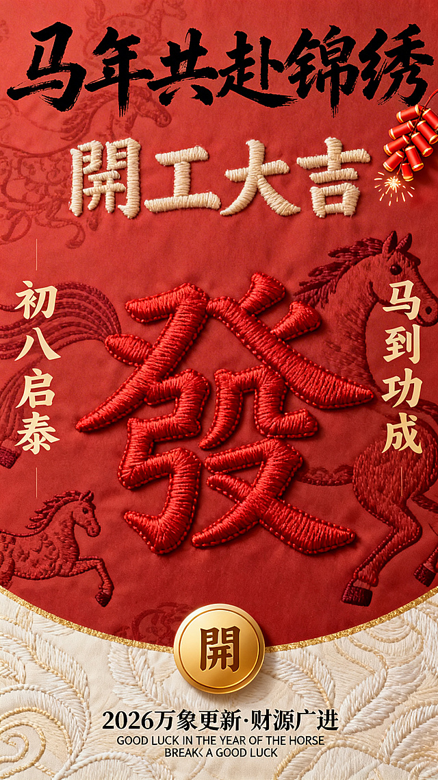 竖版国风刺绣风节日海报，正红色带马形暗纹肌理的纯色背景，底部衔接浅米色带暗纹肌理的纯色区域。画面中心是红色刺绣质感的“發”字，顶部是醒目的书法大字“马年共赴锦绣”，主标题“開工大吉”，左侧竖排“初八启泰”，右侧竖排“马到功成”，右上角点缀鞭炮元素，底部是金色圆形按钮写有“開”，按钮旁是“2026 万象更新·财源广进”，还有英文“GOOD LUCK IN THE YEAR OF THE HORSE”“BREAK A GOOD LUCK”。柔和均匀的光影，刺绣字体带立体凸起光影，还原真实刺绣质感，整体光影沉稳高级，主色调正红色、暖金色、米白色，纵向对称构图，国风大气、喜庆招财、沉稳高级，超写实刺绣质感表现，细腻肌理还原，高清平面设计质感