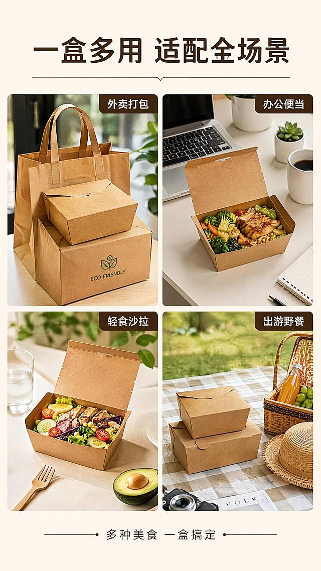 [第6屏] 多场景应用-牛皮纸餐盒多场景拼图展示。本屏使用【图1】作为商品主体，分别在不同场景中展示。
[氛围/风格] 场景拼贴风，丰富多样，商业摄影质感，干净整洁。
[元素布局] 画面采用四宫格拼图，四个场景分别是：1.左上：外卖配送场景，餐盒在环保外卖袋中 2.右上：办公室午餐场景，餐盒打开放在办公桌上 3.左下：轻食沙拉场景，餐盒装着健康轻食 4.右下：野餐出游场景，餐盒放在野餐垫上；每个场景中的餐盒都保持原图的牛皮纸棕色、方形结构；所有场景都干净整洁漂亮。
[光影质感] 每个格子独立打光，整体光线明亮均匀，餐盒清晰突出。
[配色色系] 全局底色 #FAF6EE 极浅米黄；主色牛皮纸棕；辅助色各场景的自然色调、深棕文字分隔线。
[视角构图] 四宫格拼图布局，2×2排列，每格一个场景，阅读动线顶部标题 → 四格场景依次浏览 → 底部总结。
[文字版式] 版式为顶部大标题 + 四宫格场景 + 底部总结。主标题「一盒多用 适配全场景」；每格右上角有小标签：「外卖打包」「办公便当」「轻食沙拉」「出游野餐」；底部一行小字「多种美食 一盒搞定」。
[比例分辨率] 9:16 竖版比例，4K分辨率，文字清晰可辨，高清画质。
[负向提示词] 餐盒变形，结构错误，颜色偏差，桌布，墙面，水印，文字错乱，场景脏乱，尺寸标注，规格表。