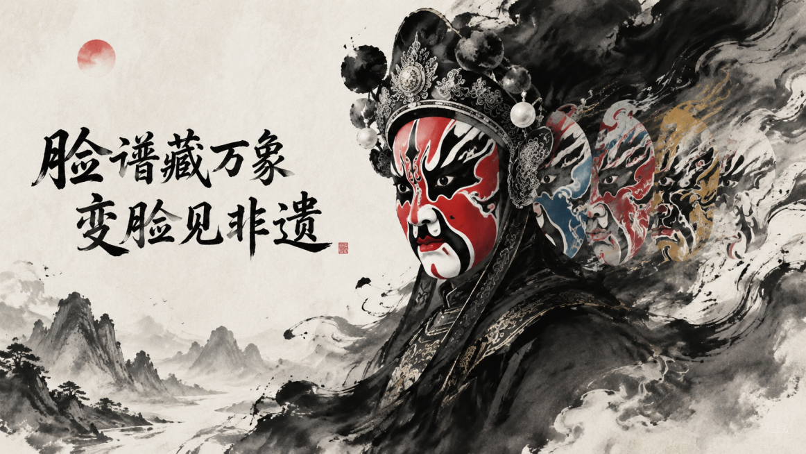 水墨国风非遗川剧主视觉，川剧变脸人物半身特写，多重脸谱层层叠变，笔触苍劲有张力，大写意水墨画风格，黑白水墨为主、点缀赤红青金脸谱配色，云雾晕染环绕，中式留白构图，写意山水意境，古朴宣纸肌理，高级艺术氛预览效果