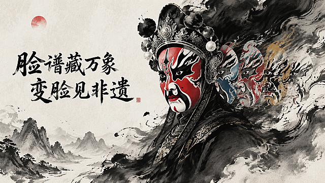 水墨国风非遗川剧主视觉，川剧变脸人物半身特写，多重脸谱层层叠变，笔触苍劲有张力，大写意水墨画风格，黑白水墨为主、点缀赤红青金脸谱配色，云雾晕染环绕，中式留白构图，写意山水意境，古朴宣纸肌理，高级艺术氛围感，极简大气，无多余杂物，横版主KV，8K高清，非遗文化底蕴，主题文字："脸谱藏万象，变脸见非遗"