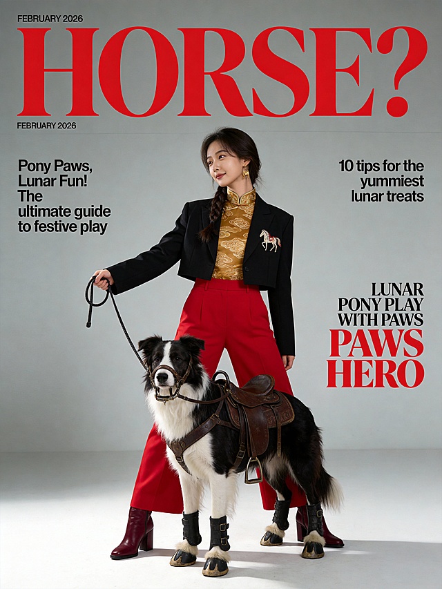 国潮风与拟人风碰撞，皮影元素融入时尚造型，狗狗化身“马”演绎潮流喜庆。杂志风封面融合印刷感排版，展现新春趣味与时尚张力。
