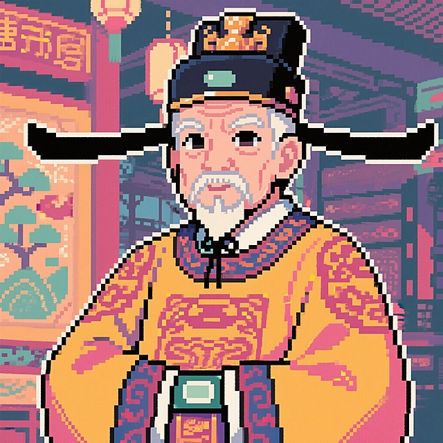 像素风格的唐朝尚书省官员头像，复古像素风，年长男性唐朝官员，庄重威严气质，唐朝传统官服