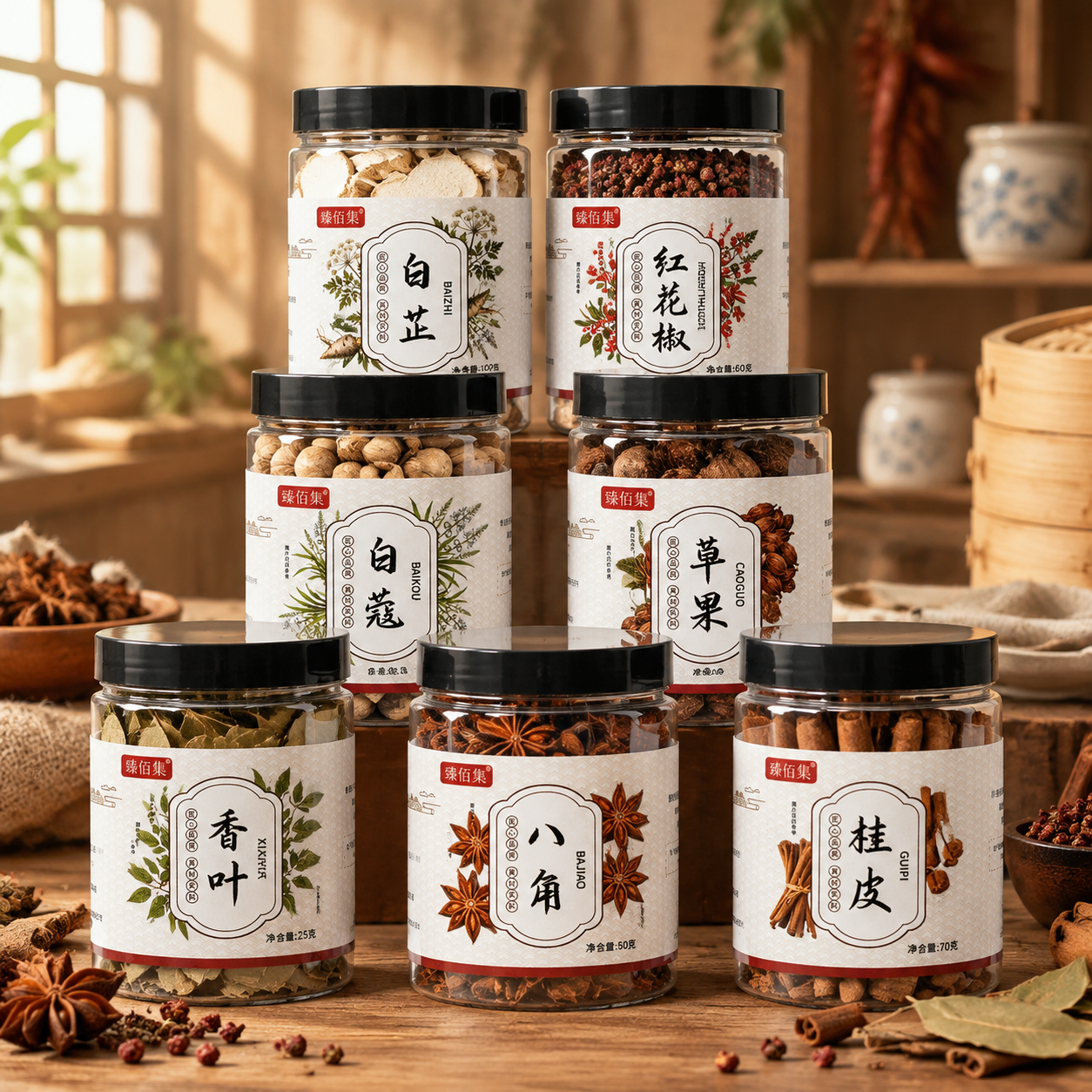 将7罐臻佰集香辛料产品（八角、白蔻、白芷、草果、桂皮、红花椒、… - 图片创意预览