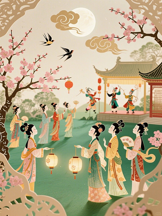 中心是穿宋朝宫廷传统服装的宫女们（有的提着花灯、有的拿着扇子，有的在相互耳语，有的在赏月，有的看戏曲），是宋朝宫廷花园场景，旁边有戏曲杂耍，周围点缀梅花树、飞鸟、祥云、圆月等吉祥元素，绿色调为主，米色背景，春节热闹场景