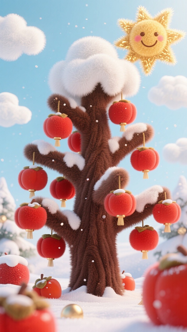 软3D风格的毛发生长风树，挂满红灯笼与柿子，雪景中洋溢喜庆与梦幻感，搭配笑脸太阳，充满可爱卡通气息。