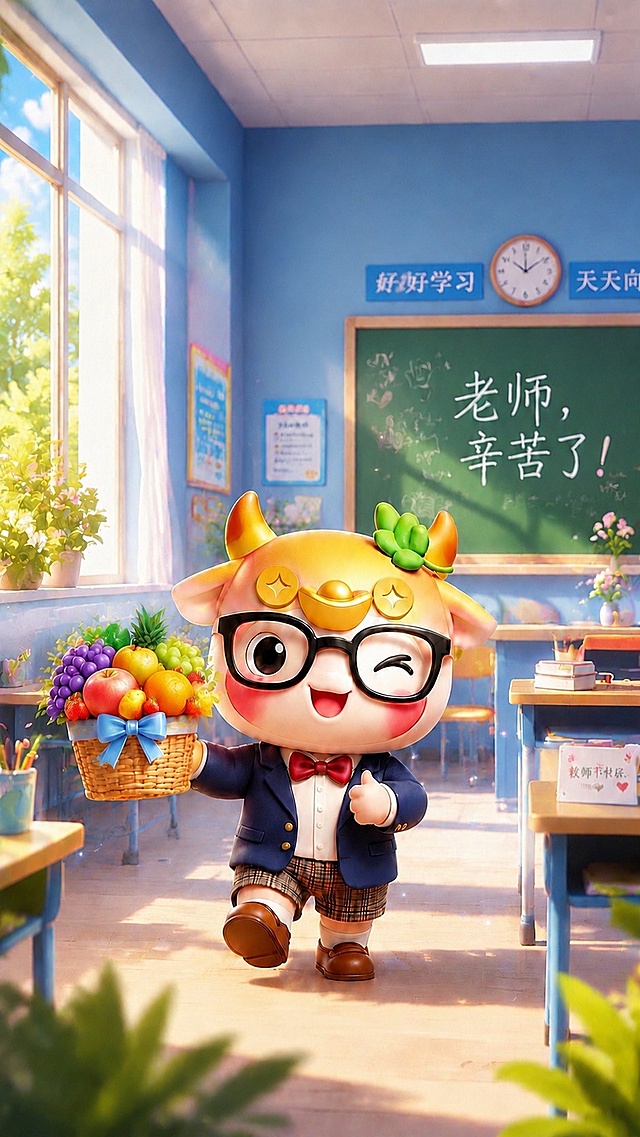 保留蓝色教室背景、小牛果篮和黑板上的“老师，辛苦了！”，去掉左侧竖排的“教师节”大字和旁边的“敬谢恩师三尺耕耘”文字，让背景墙面自然衔接，保持整体风格不变。