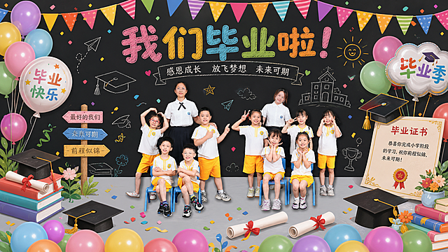 保留原照片中老师和孩子们的人物与姿势不变，在画面中添加丰富的毕业季元素，比如气球、毕业证书、彩色拉旗、学士帽，让整体充满毕业氛围，丰富画面