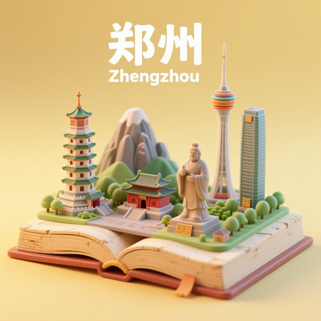 一本打开的古代书籍，书是打开的，书上是郑州城市景观微缩模型，有郑州的二七纪念塔，嵩山，少林寺，炎黄二帝雕塑，中原福塔，郑州绿地双子塔，上方有中文“郑州”和英文“Zhengzhou”，整体画面生动，色调预览效果