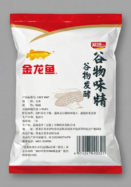 将该标签制作成袋装效果图，背景为纯灰色，还原标签上的所有文字和图案，呈现出立体的食品包装袋效果预览效果