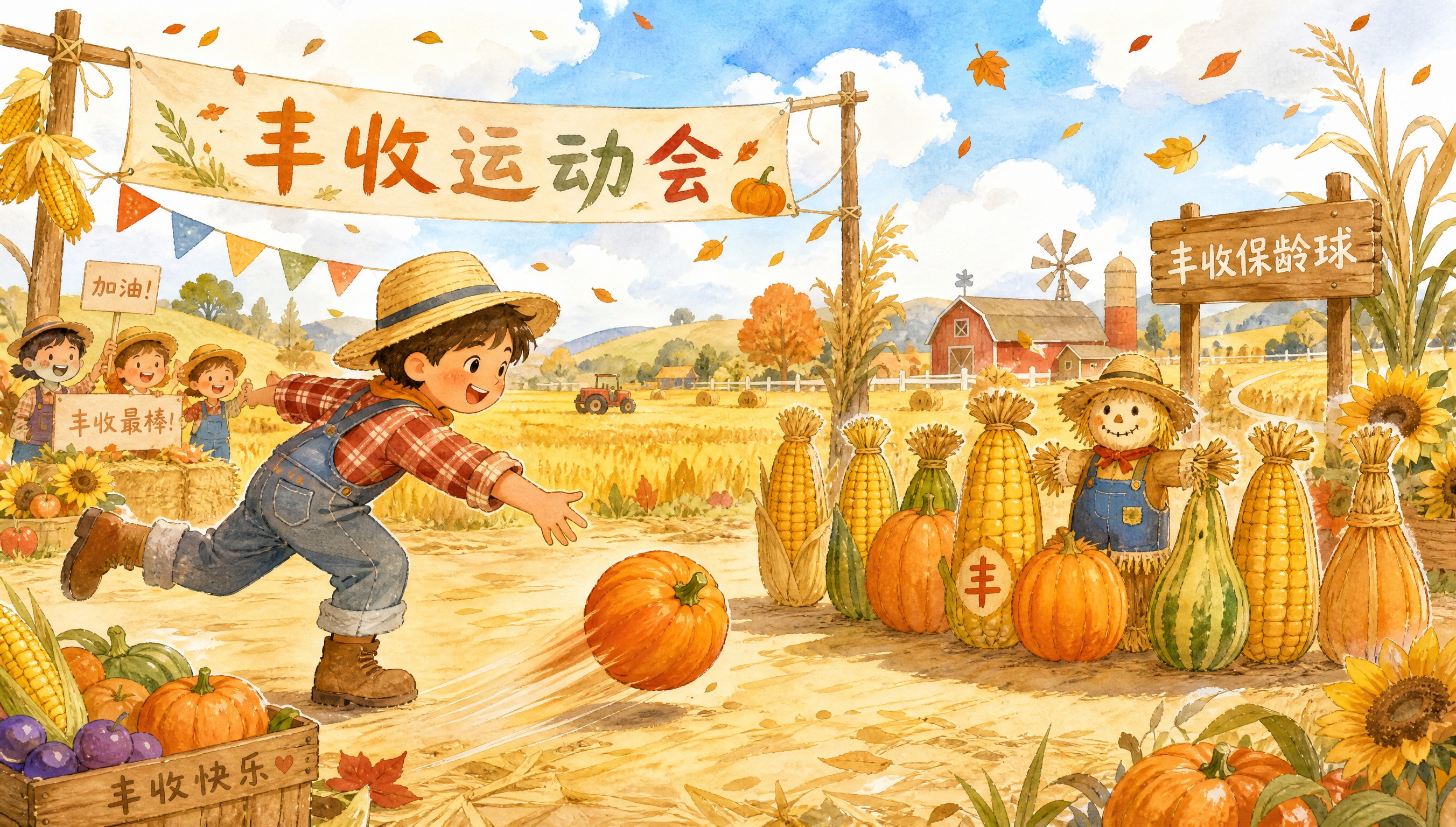 丰收运动会主题手绘插画横版，画面中心是一位穿着乡村风格服装的人… - 图片创意预览