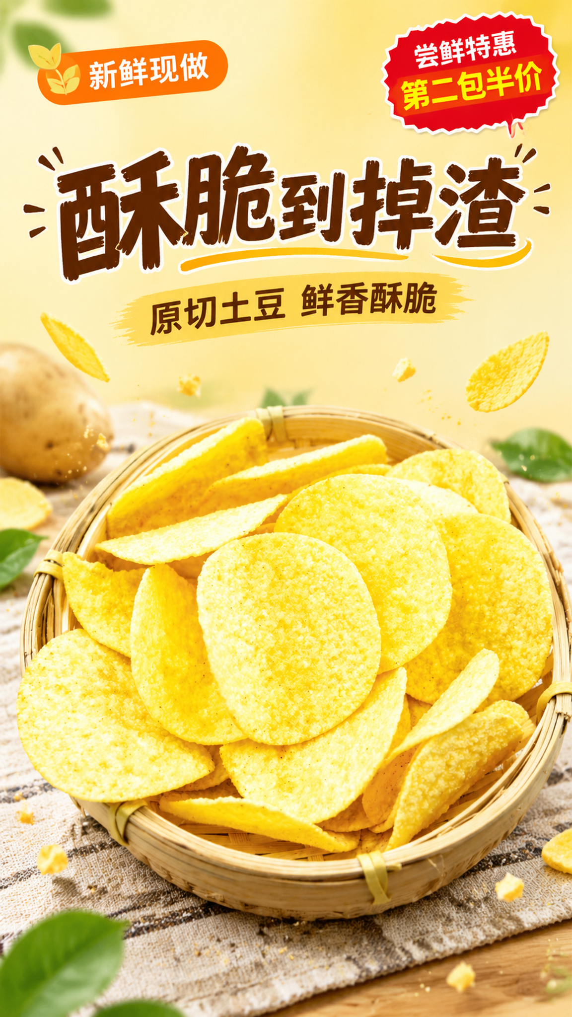 电商零食薯片海报，竖版9:16，柔和浅黄色渐变背景，清新食欲感… - 图片创意预览