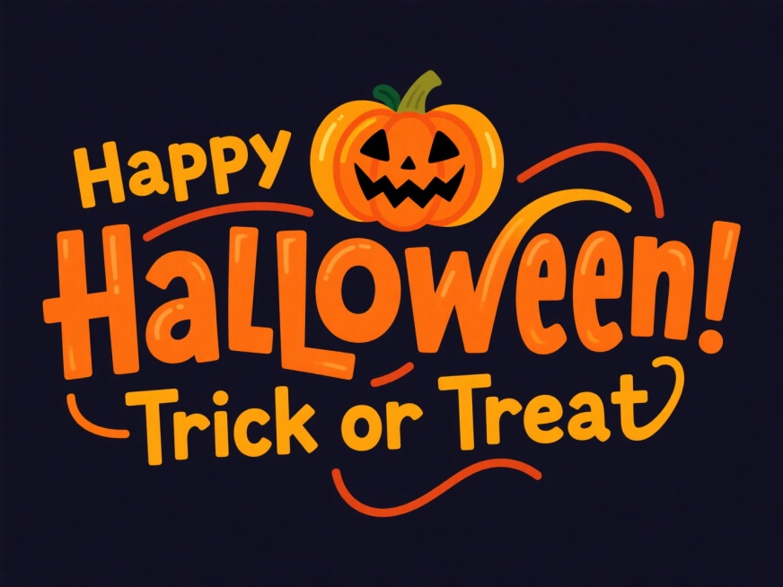 以 “Happy Halloween” 和 “Trick or Treat” 为核心文字。“Halloween” 采用夸张的卡通艺术字体，其中字母 “O” 设计成南瓜灯造型，整体色彩以橙色为主，风格活预览效果