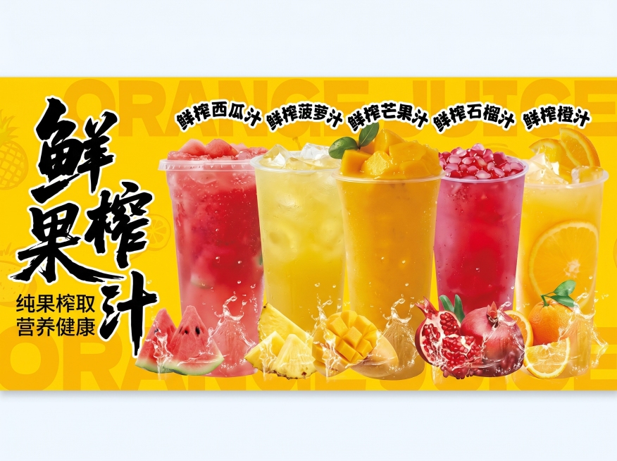 参考图片排版，左侧大字"鲜果榨汁"，副标题"纯果榨取 营养健康"，从左到右依次排列五杯饮品：第一杯鲜榨西瓜汁，第二杯鲜榨菠萝汁，第三杯鲜榨芒果汁，第四杯鲜榨石榴汁，第五杯鲜榨橙汁，每杯饮品上方对应标注预览效果