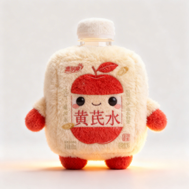 根据这款红苹果黄芪水饮品，生成可爱Q版毛绒玩偶形象，保持饮品的方形瓶身外观，保留饮品原包装上的红苹果图案和文字内容，人物比例协调可爱，画质清晰，色调平衡，保留饮品品牌配色特点预览效果